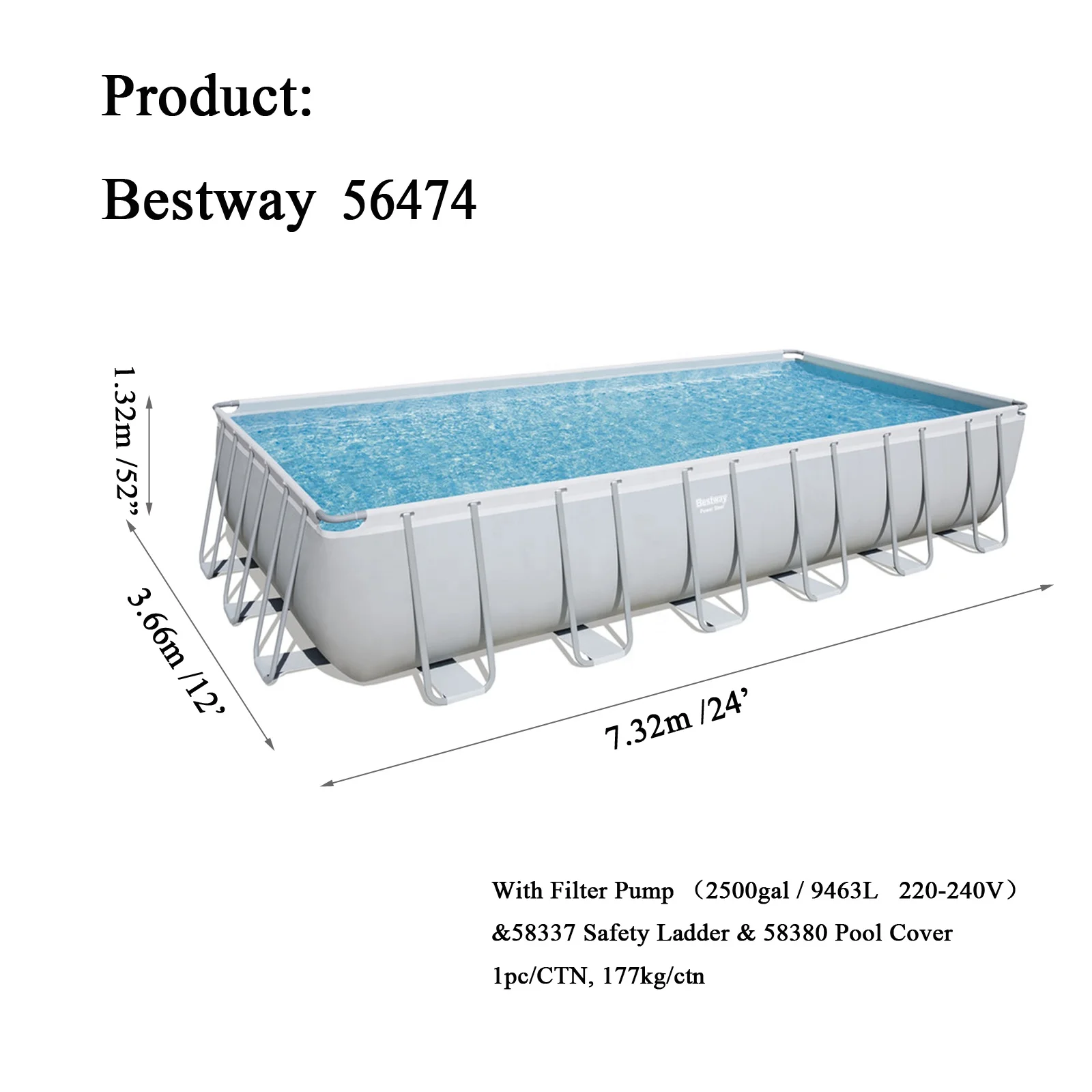 Bestway 56474  24FT  7m Large Rectangular PVC Swimming  Pool Set With Pool  Cover & Safety Ladder & Filter Pump