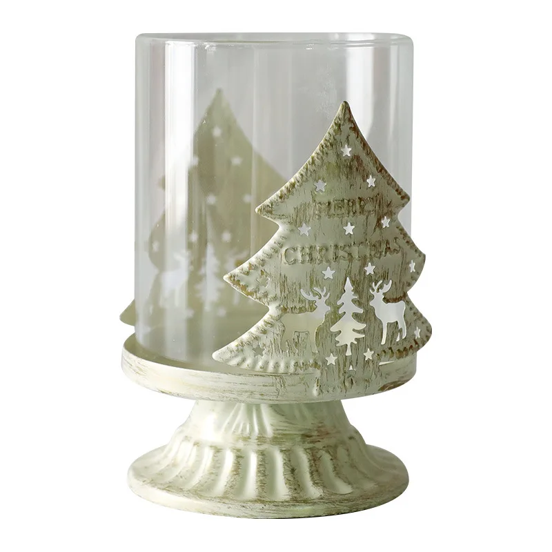 Romantic Christmas unique design Candle Holder Decor Supplie Hollow Deer Star Tree Table Iron Metal With Glass Cover candlestick