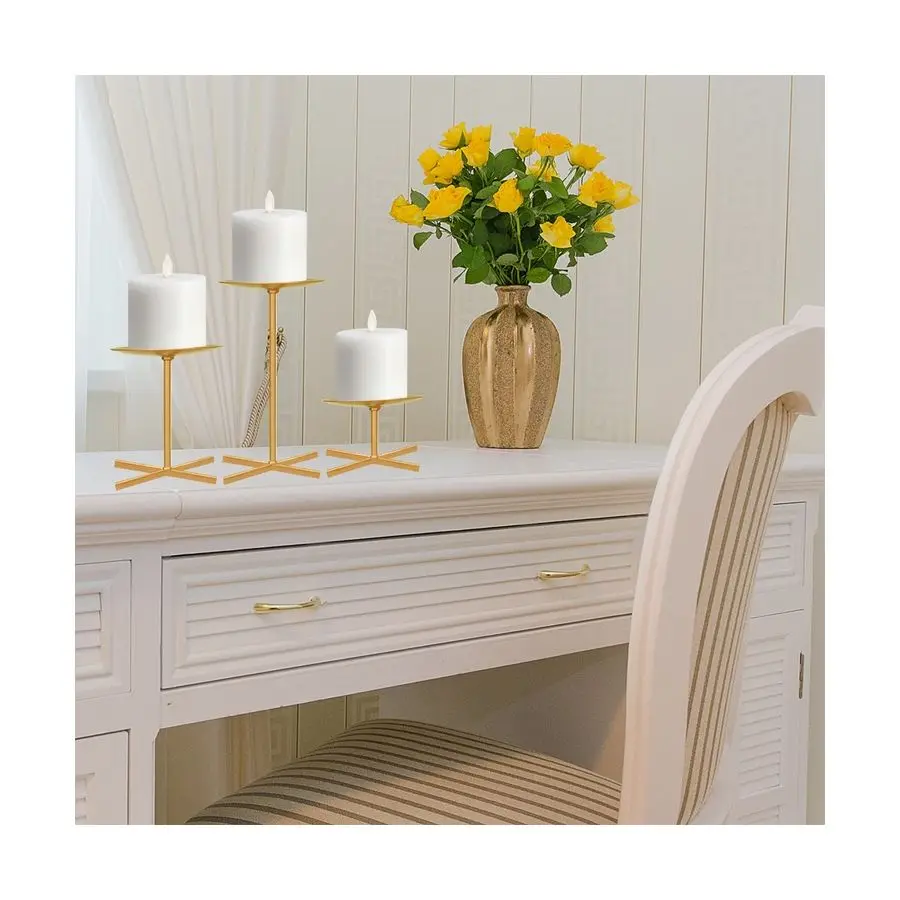 
Fashionable European decorative geometric gold mini metal candlestick pillar candle holder set 
