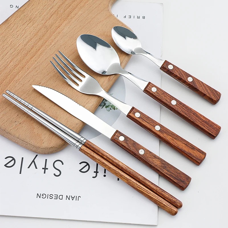 Stainless Steel wood cutlery Custom Logo Hot Sell Low MOQ wood handle cutlery