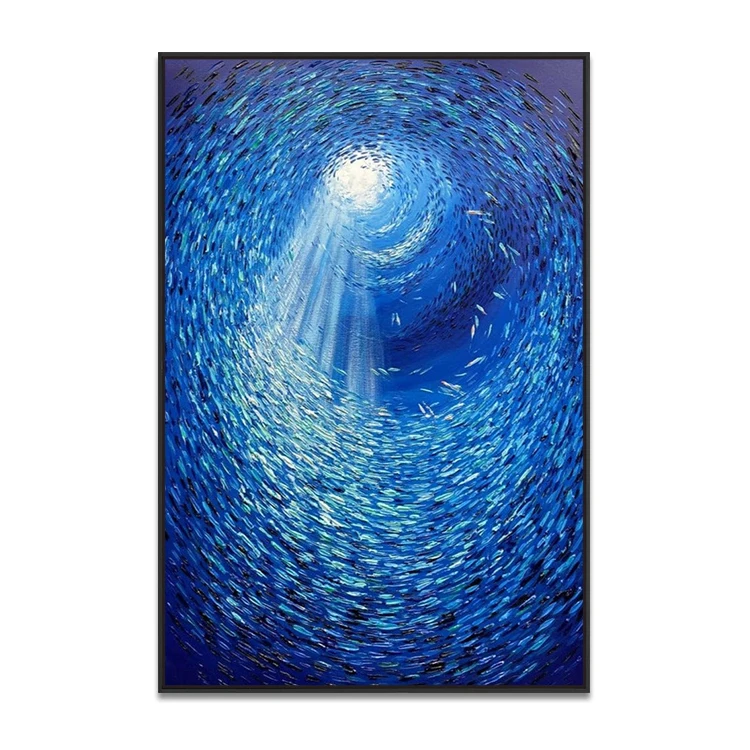 Marine Artwork Blue Handmade Textured Wall Art Abstract Fish Seascape Painting for Home Decoration