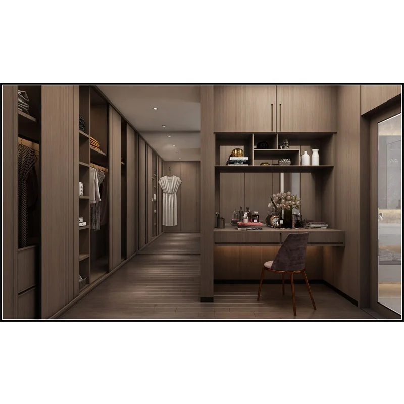 Custom design villa furniture walk-in closet modern luxury transparent glass door wooden bedroom wardrobe