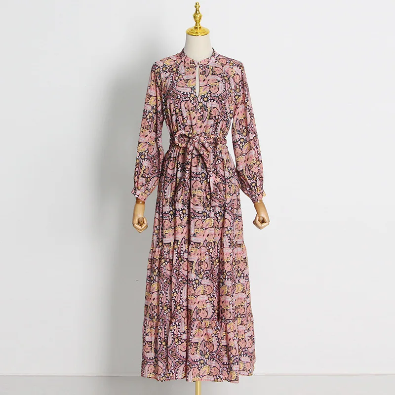 Ropa Para Dama 2022 Summer New French Retro Print Dress Long Skirt Puff Sleeve Long Sleeve High Waist Strappy Dress