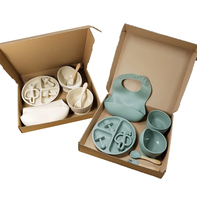 Wholesales foldable modern custom kids spoon fork bowl plate sets teething teether toy bib silicone baby feeding set