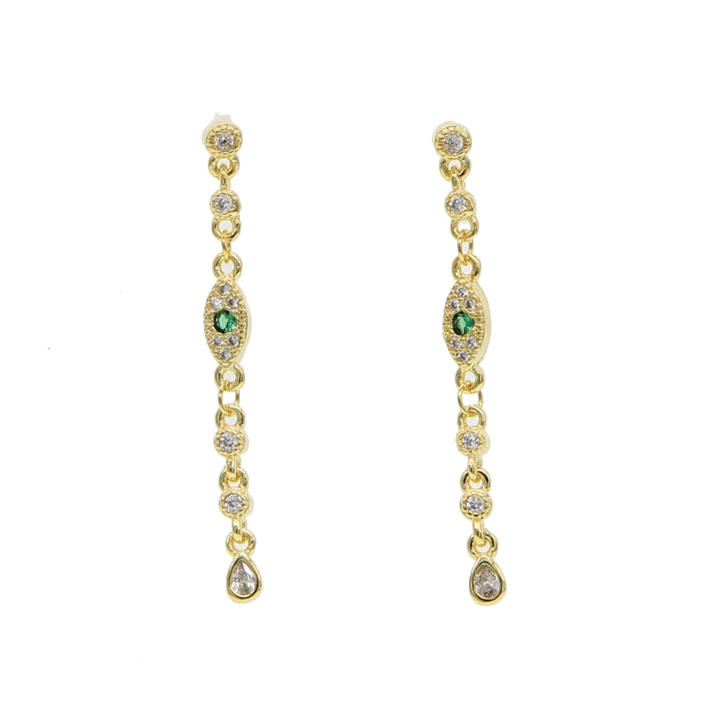 2023 fashion latest design women gold plated jewelry Blue white cz drop charm Lucky eye long chain earrings