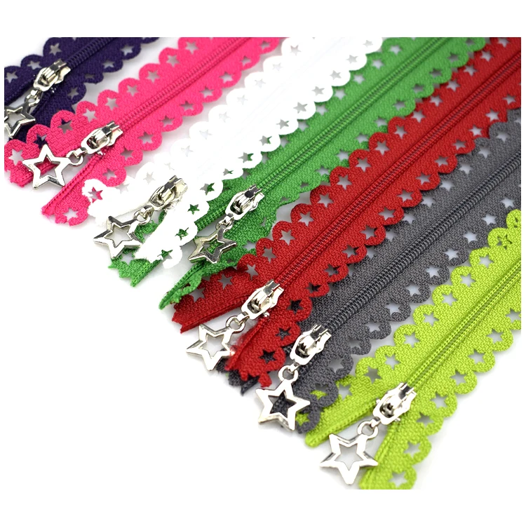 High Quality Closed End Colorful Nylon Lace Zipper 3# Zip Custom Star Nylon Zipper For Dress