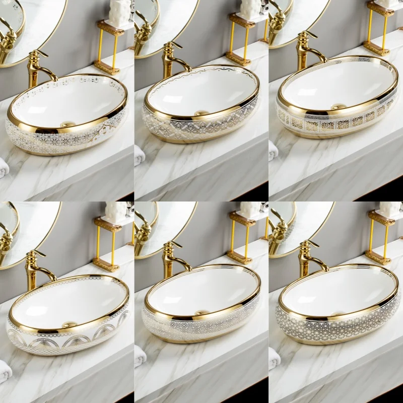 Luxury lavabo golden sink ceramic oval sink art basin gold electroplated washbasin for bathroom