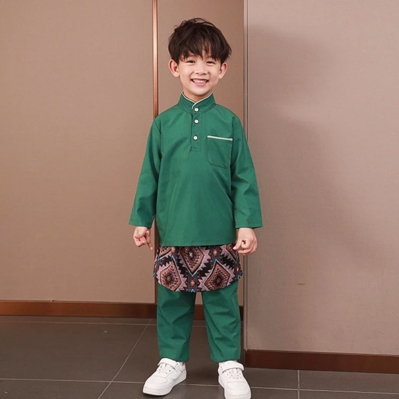 Hot Sale Middle Eastern Islamic Teen Boys 12yrs muslim Baju Melayu With Pocket