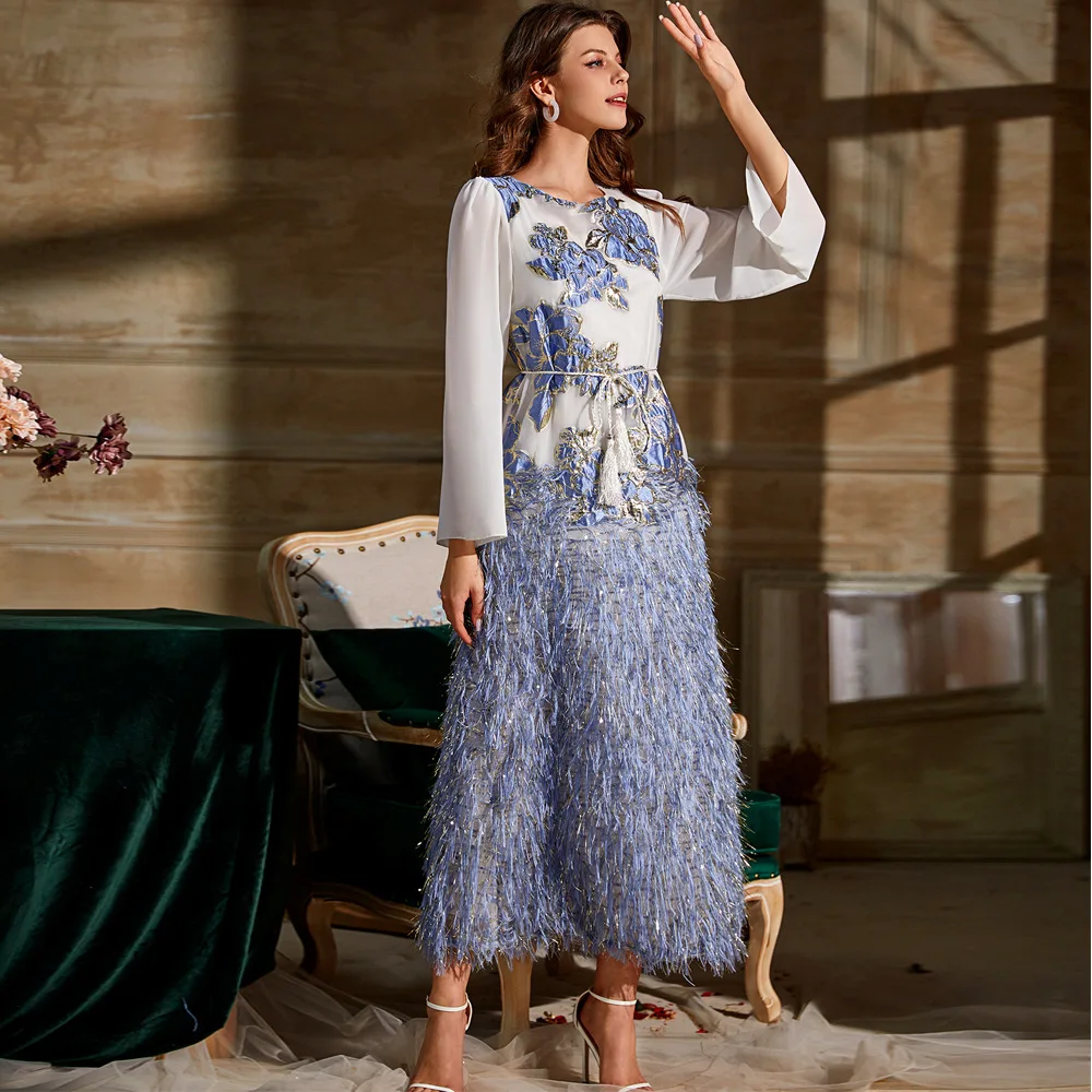 2023 Fashion Jacquard Gold Woven Blue Feather Long Sleeve Dress Turkey Middle East