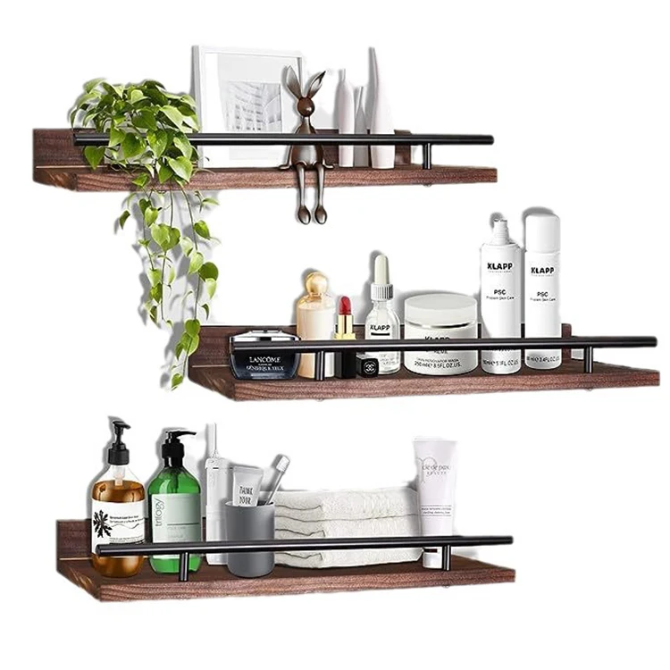 K&B Rustic Wood Floating Shelves Wall Mounted Farmhouse Wooden Wall Shelf for Bathroom Kitchen Bedroom Living Room Set of 3