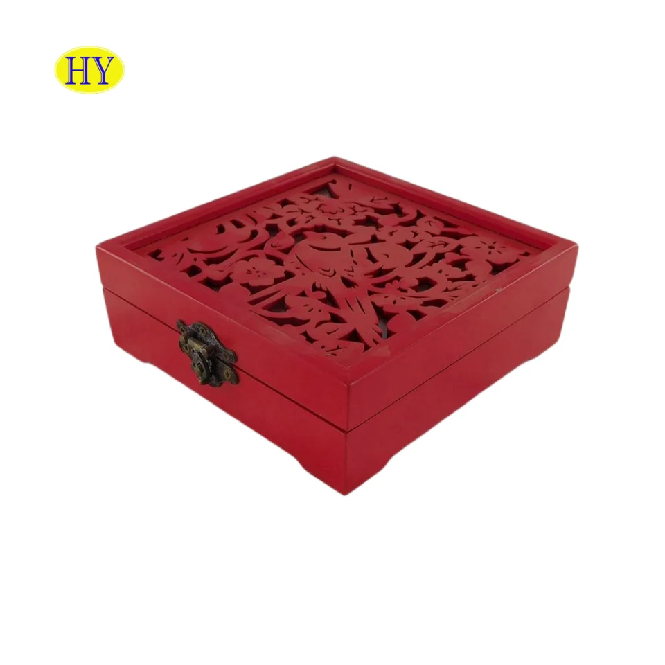 Custom Unfinished wood red painting engraving box wooden engraved gift box with hollow carved pattern lid for gift pack