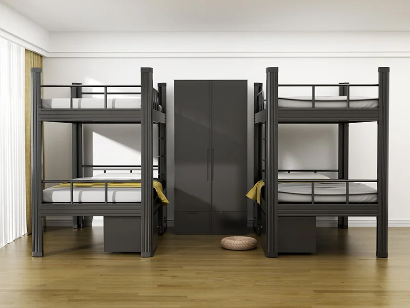 Factory Made Steel Solid Wood Popular America Style Twin Double Decker Metal Frame Dormitory Beds Black Bunk Bed