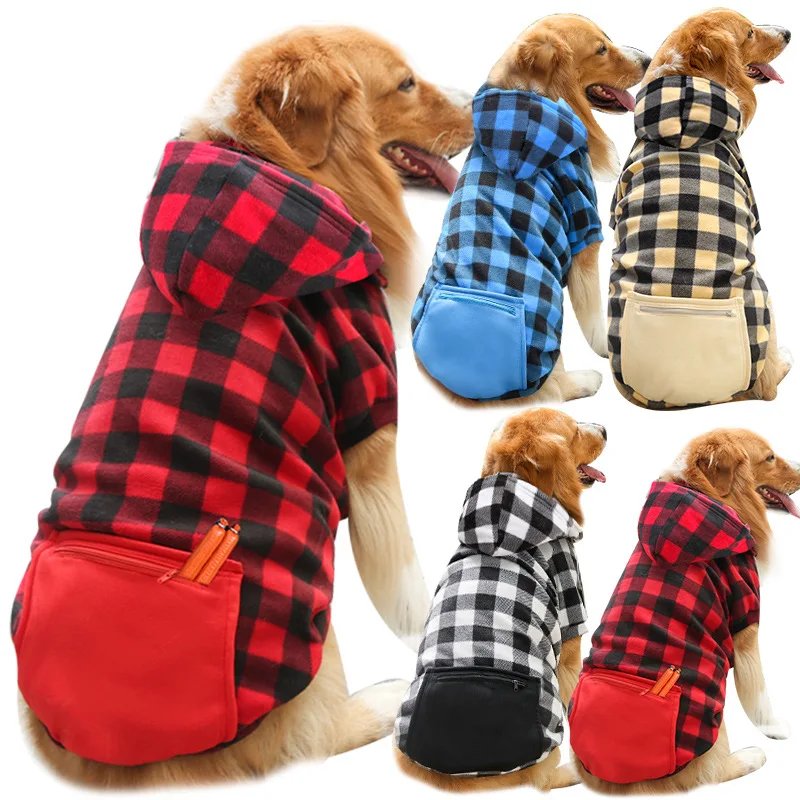 Large Dogs Pet Clothes Fashion Classic Solid Plaid Dog Hoodies Pet Clothes Sweatershirt Big Dogs Clothing with Zipper Pocket