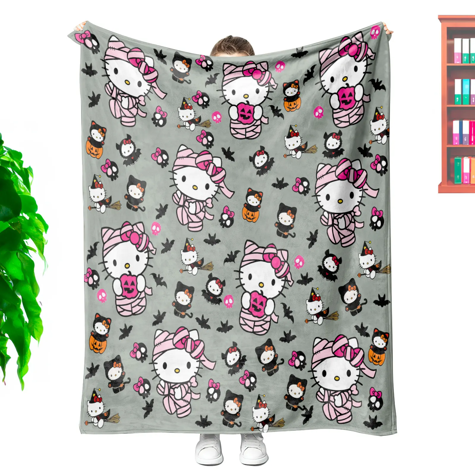 Wholesales customization printed halloween kids cartoon kawaii HK kitty mummy king size cozy throw blankets