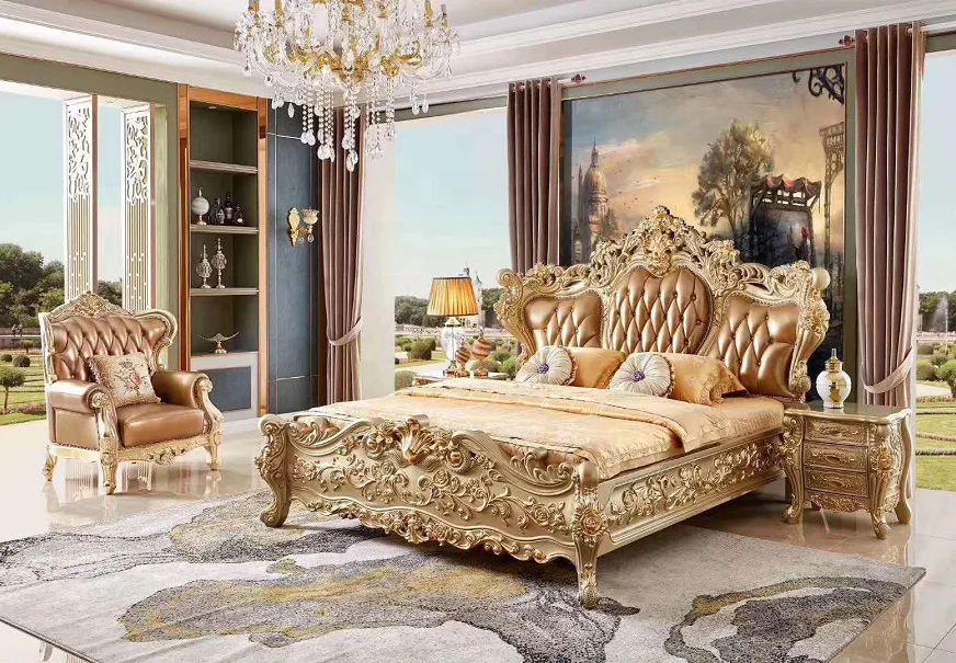 home furniture European Italian classical handmade wooden carved flowers genuine leather royal luxury bedroom set
