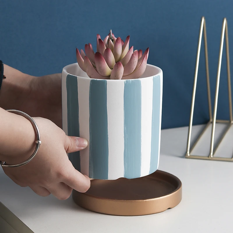 Wholesale home decoration cylinder shape hand drawing european flowerpot custom ceramic plants succulent pot with saucer