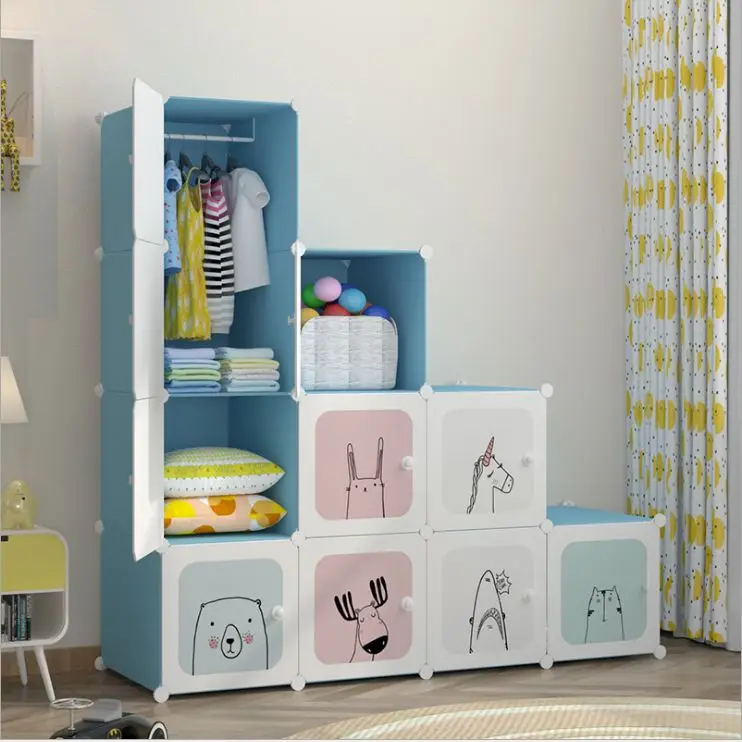 Cartoon designs kids plastic diy wardrobe storage folding cupboard baby wardrobe children cabinet