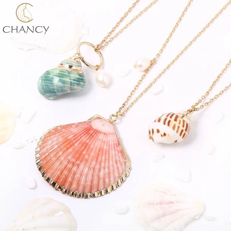 Hot sale natural sea shell necklace with natural pearl 14k gold plated necklace for woman or girl