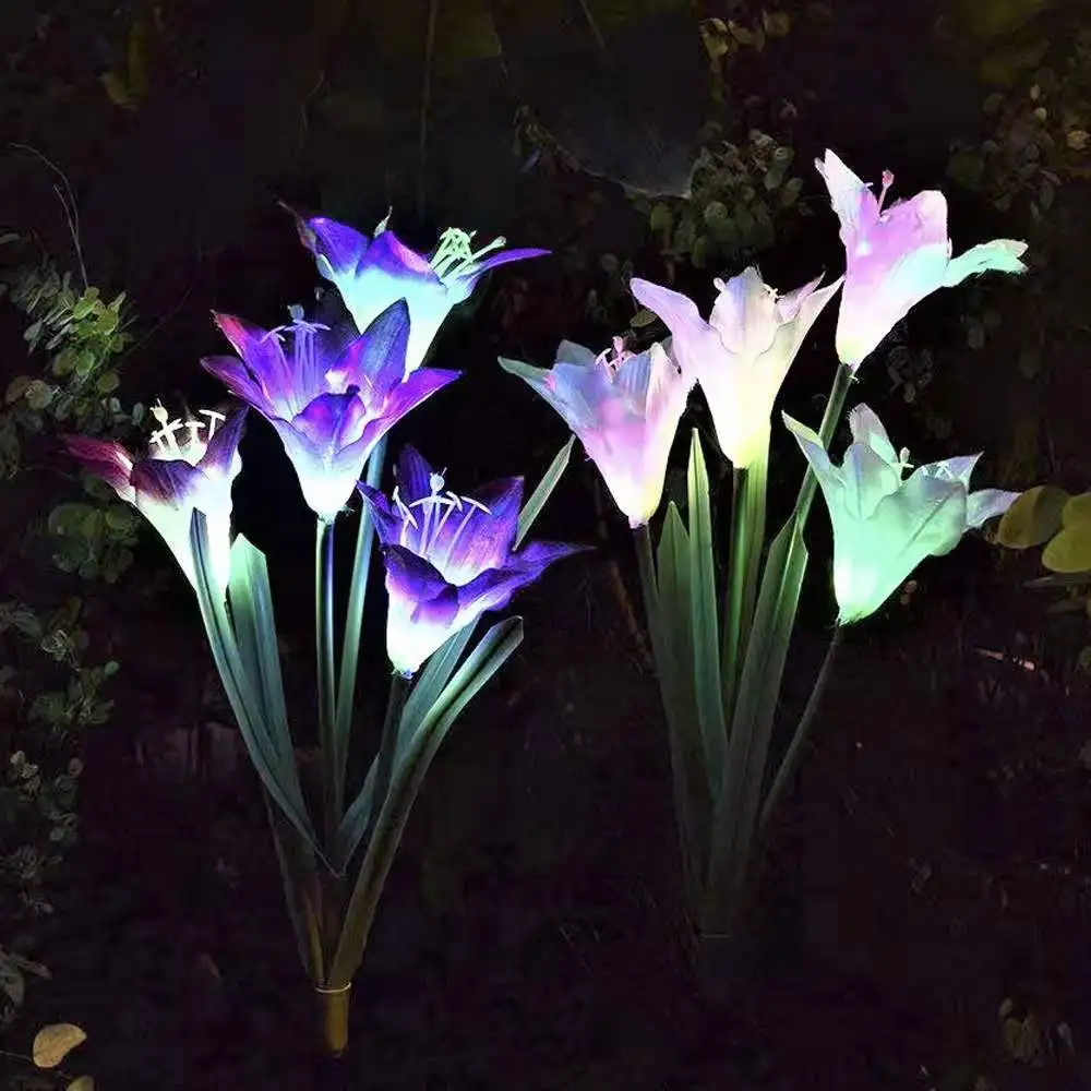 3 Pack Outdoor Solar Garden Stake Lights Solar Powered Lights with 4 Lily Flower Multi-color Changing LED Solar Stake Lights