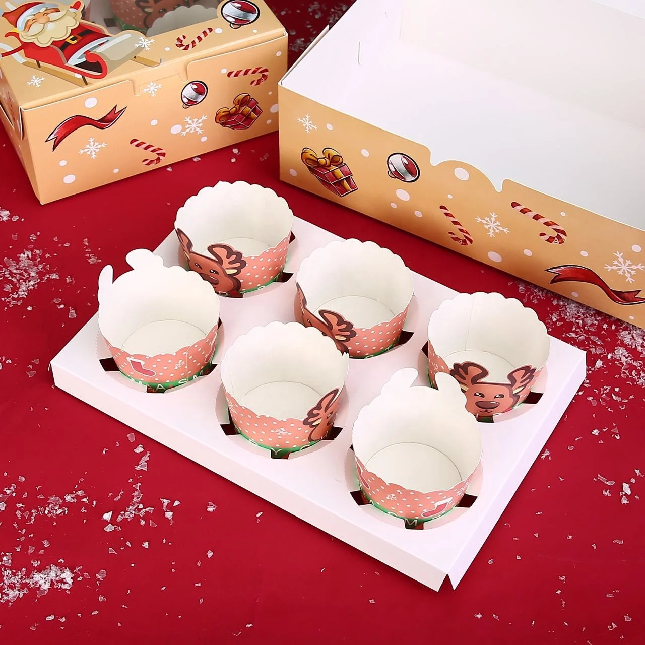 XJH 4/6/12 Holes Christmas Paper Cupcake Box with Clear Window Round Cake Bento Box with Insert and Clear Lid Jumbo Cupcake Box