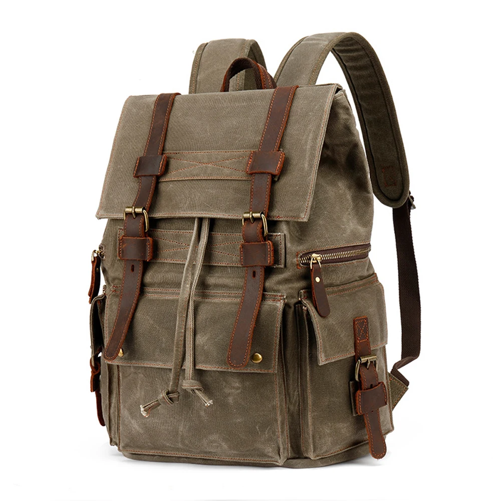 Customized Wholesale New Fashion Vintage Waterproof Genuine Leather Waxy Canvas Backpack Durable Portable Drawstring Rucksack