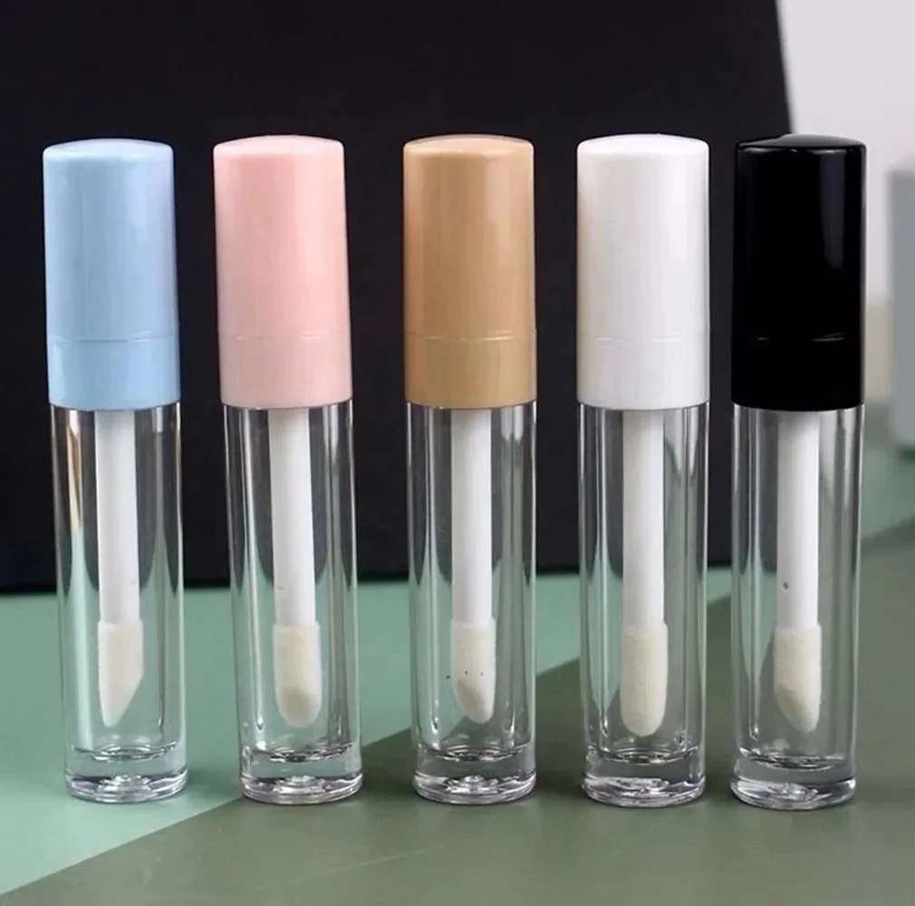 Empty black top thick crystal transparent lip gloss containers tube lip glaze packaging with middle ring and big brush wand 8ml