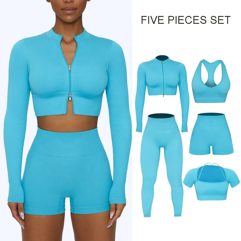 Hot Selling Active Wear Recommended Seamless Yoga New Colors 5 Pieces Set Women Crop Tops Vest Long Sleeve Shorts Leggings Sets