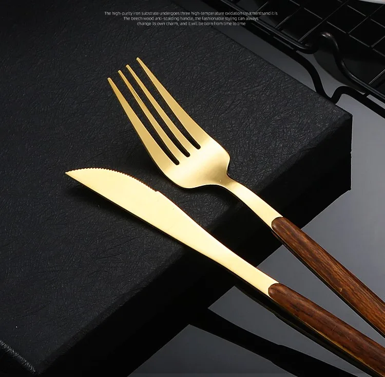 Reusable eco-friendly stainless steel knife fork spoon 5pcs set wooden handle Portuguese style western food hotel cutlery