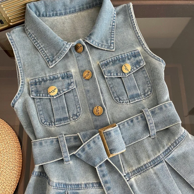 Boutique Summer Denim Cotton Baby Dresses Sleeveless Casual  Baby Girls Denim Dresses Visible Pockets Casual Dresses