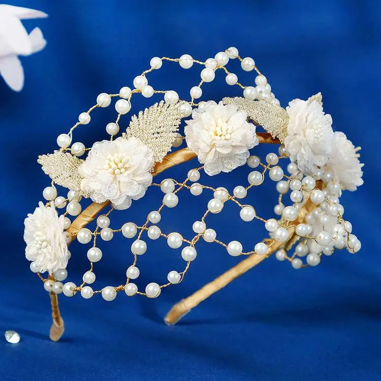 French Retro Bridal Crown Headband Handmade Beaded Flower Hair Accessories Wedding Dress Decoration Ladies Mesh Hair Hoop