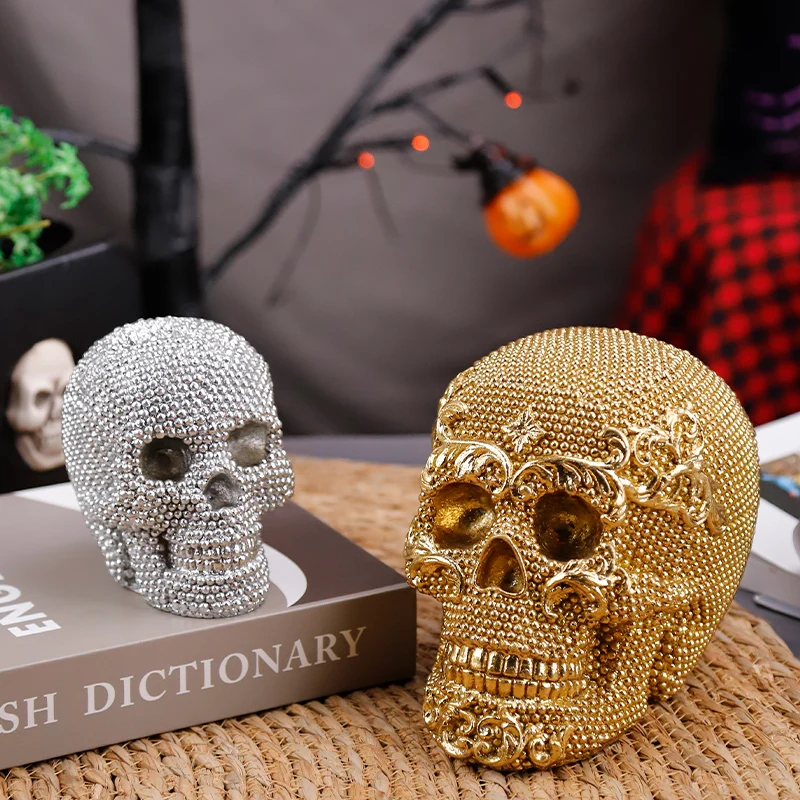 Redeco Creative Halloween Skull Ornaments Cool Silver Skull Head Statue Resin Golden Skull Sculpture For  Home Decoration