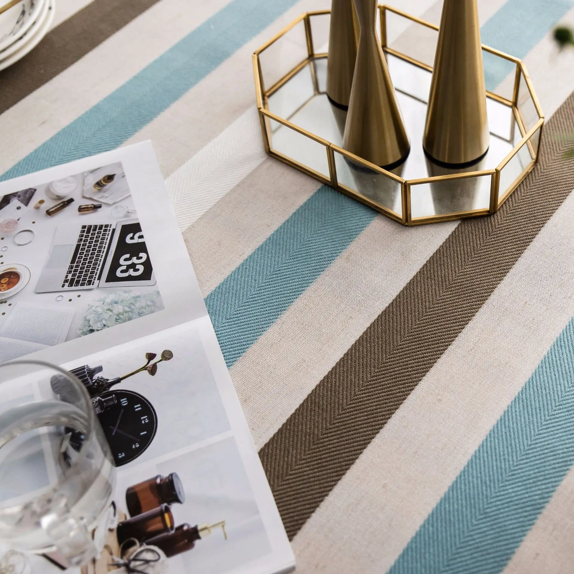 European style stripe tablecloth rectangle tassel stretch cotton linen dinning wedding custom hotel banquet party table cloth