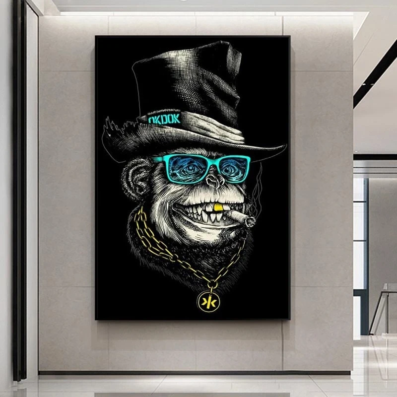 Black Hat And Golden Necklace Funny Smoking Monkey Poster And Print Canvas Painting On Wall Art Animal Picture Modern Home Decor
