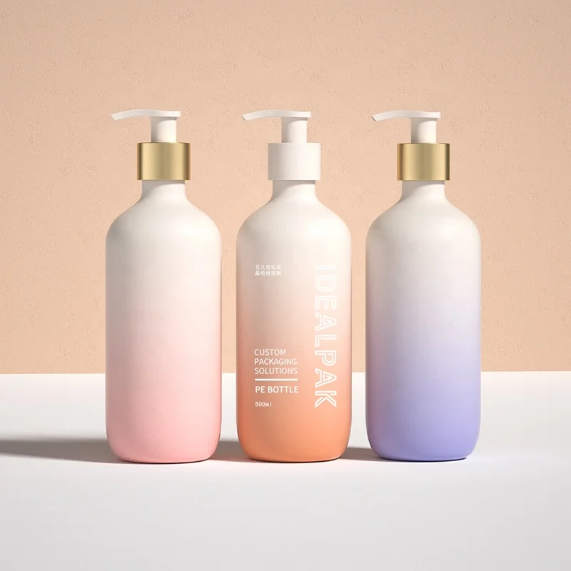 Round shoulder 500ml cosmetic PE plastic bottles luxury empty shampoo pump bottle