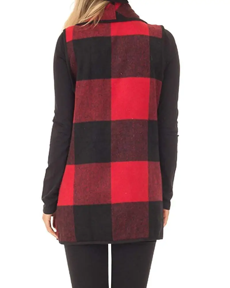 Wholesale Fashion Women Outwear Waterfall Asymmetrical Hem buffalo Long Plaid Vest Coat
