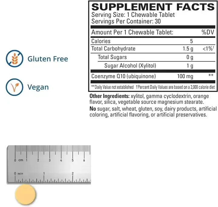 Private label CoQ10 Chewable, 100 mg 30 Tablets Higher Absorption Energy, Antioxidant, Cognitive Health