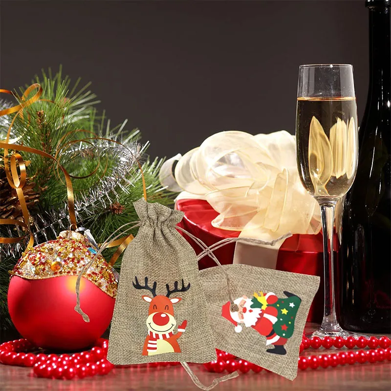 Custom Santa Sack Candy Presents Linen Burlap  Drawstring Christmas Gift Bag