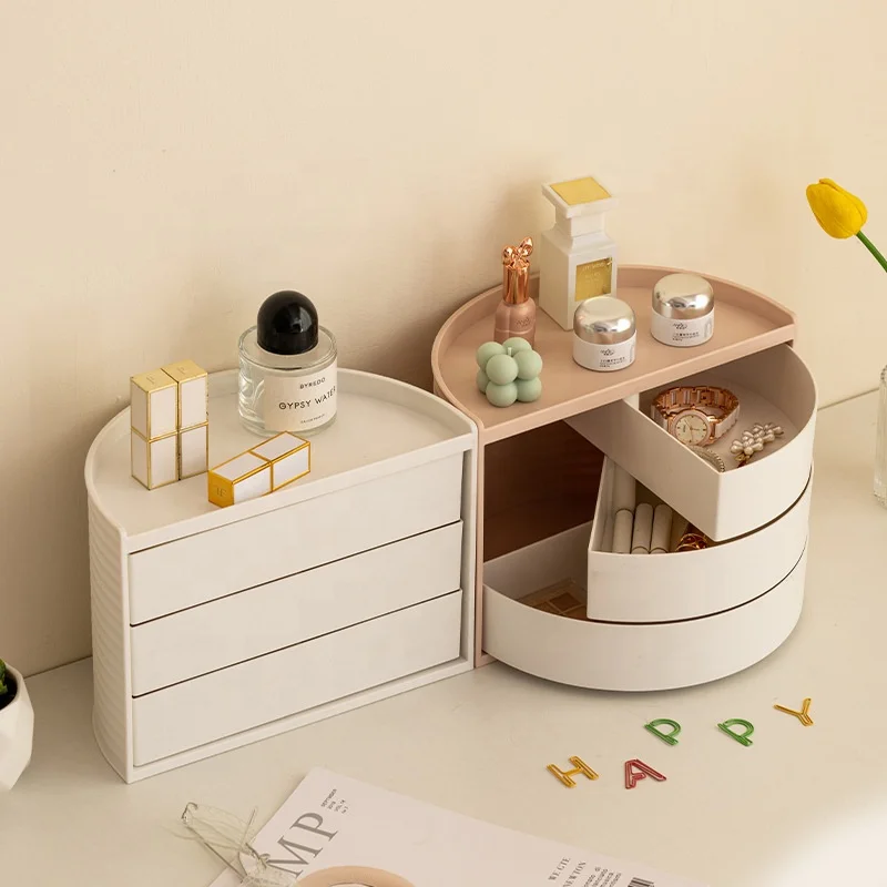 Desktop Countertop Organizer Makeup Organizer Semi Circular Dresser Jewelry Container Dustproof Rotating Cosmetics Storage Box