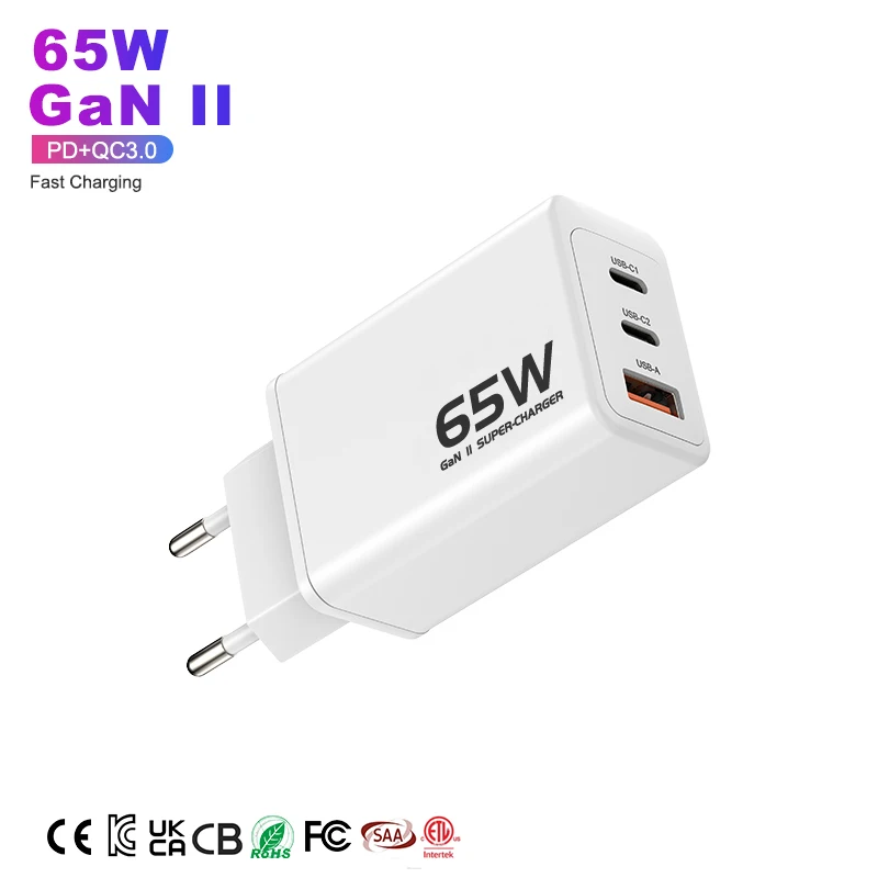 65W Gallium Nitride technology U/L ETL USB-C PD usb adapter ultra wall charger multiple 2C 2C1A 3C ports Type C chargers