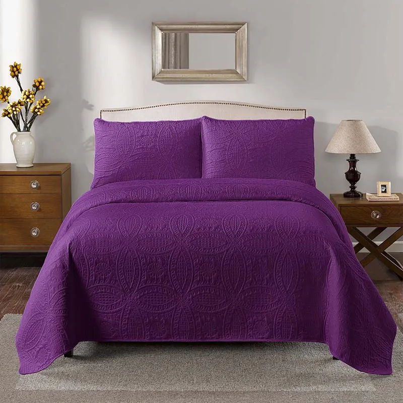 
Luxury Polyester Quilted Plain Bedspread Skirt Bed Cover Set Solid Color Bedspread Quilt Embroidery 