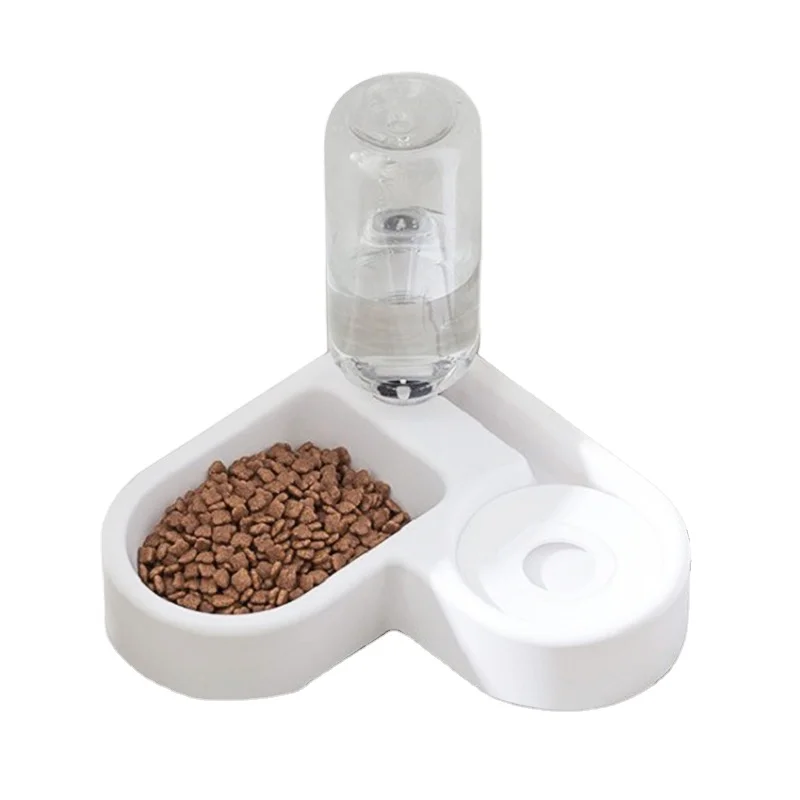Pet heart-shaped feeding bowl drinking water plastic bottle set cat and dog double bowl with bottle automatic water bottle