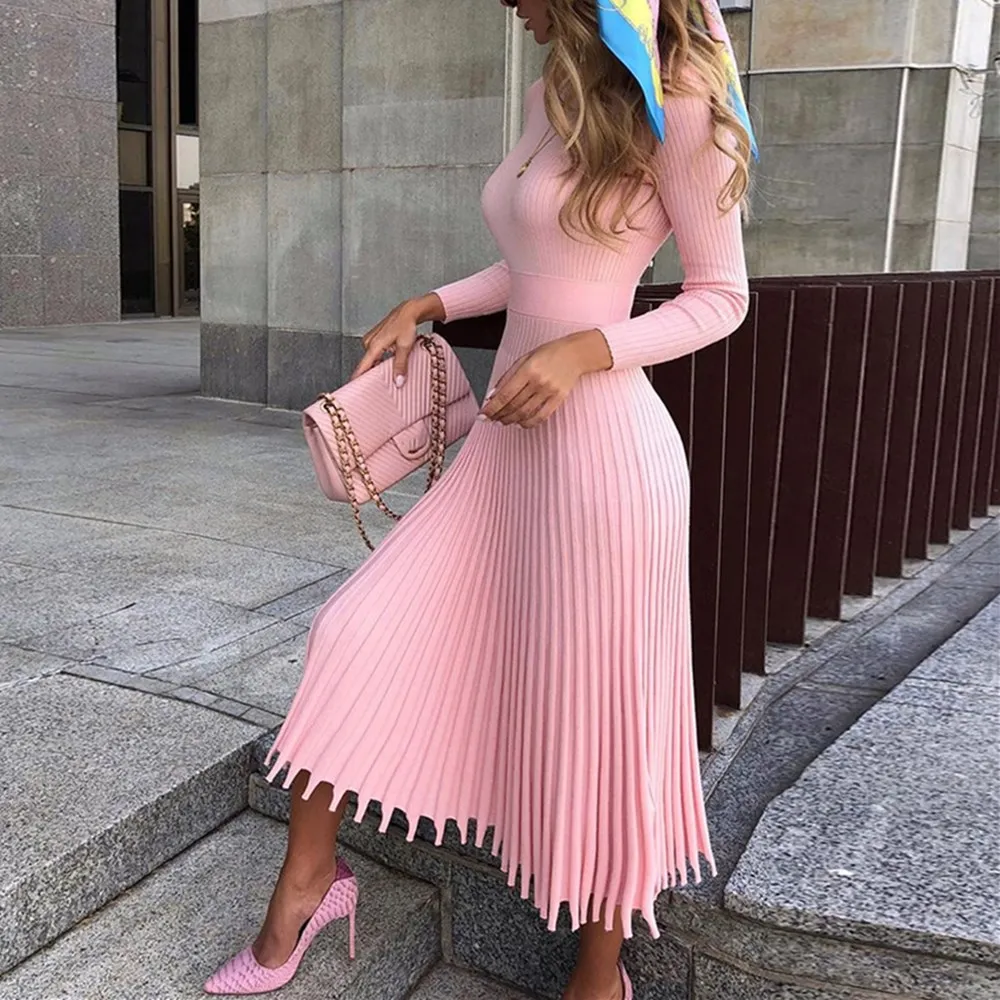 Women Knitted Long Dress Autumn Winter Basic Full Sleeve Ladies Slim Vintage Dress Elegant Party Female Sweater Dress 10 colors