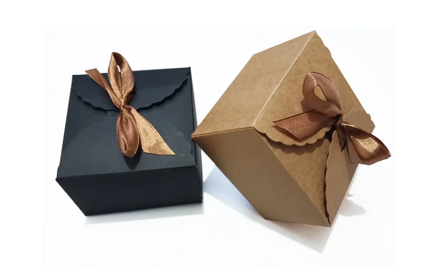 High End Custom Made Simple Design Brown white Kraft Paper Package Square Surprise Gift Box With Lid Ribbon Custom