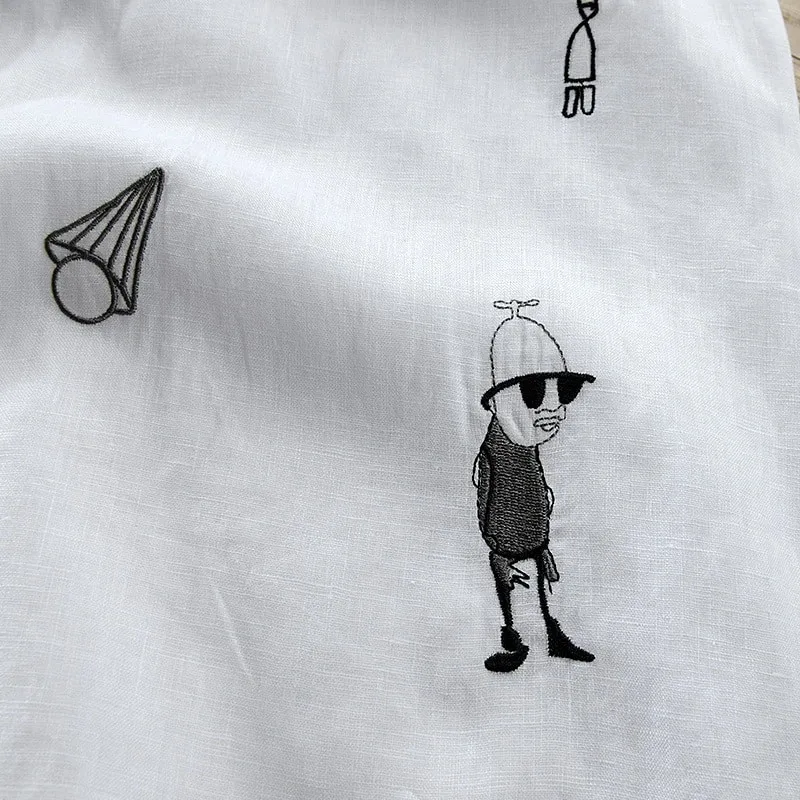 New fashion summer mens clothing hemp fabric shirt casual white cartoon embroidery linen short sleeve apparel men tshirt