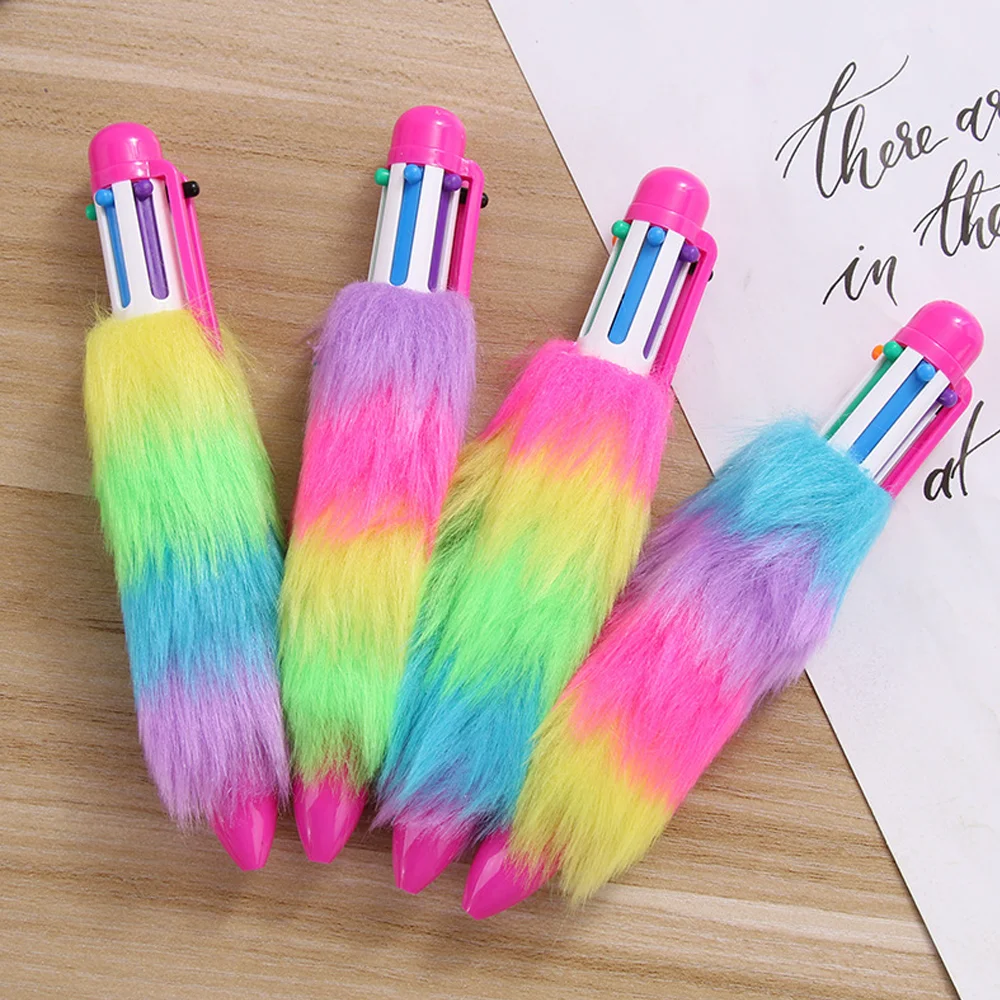 new plush multi-color ballpoint pen creative multicolor rainbow 6 color pen for girl more beautiful scenery fluffy maomao pen