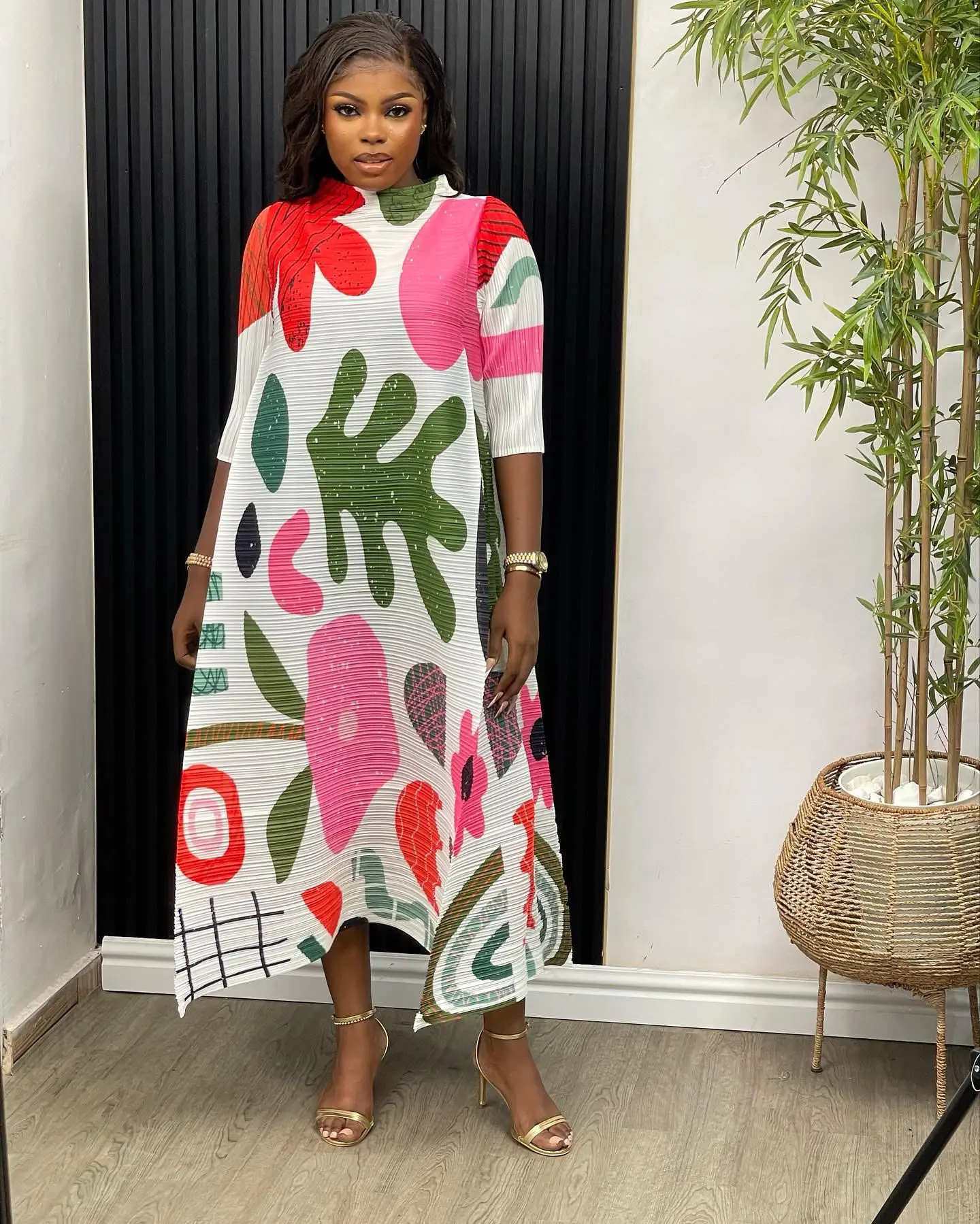 2023 Spring Miyake Latest Plant Floral Style  Casual Wrist Sleeves Pleated Plus Size  Women Dress Clothing