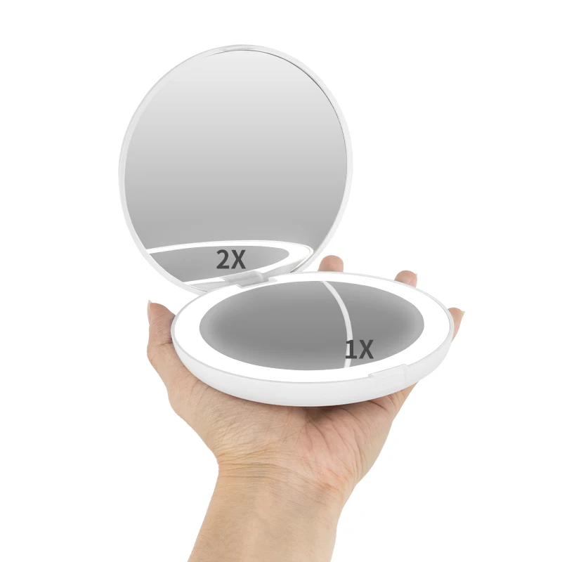 1X 2X Magnifying Led Compact Makeup Mirror Custom Logo Foldable Vanity Mini Small Hand Held Pocket Mirror With Led Lights