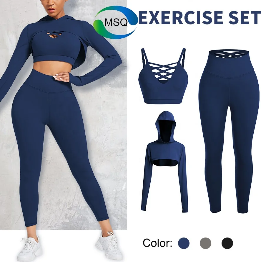 Custom Logo Activewear Long Sleeve Crop Top Scrunch Leggings 3 Piece Sports Bra Training Wear Yoga Outfits Gym Fitness Sets