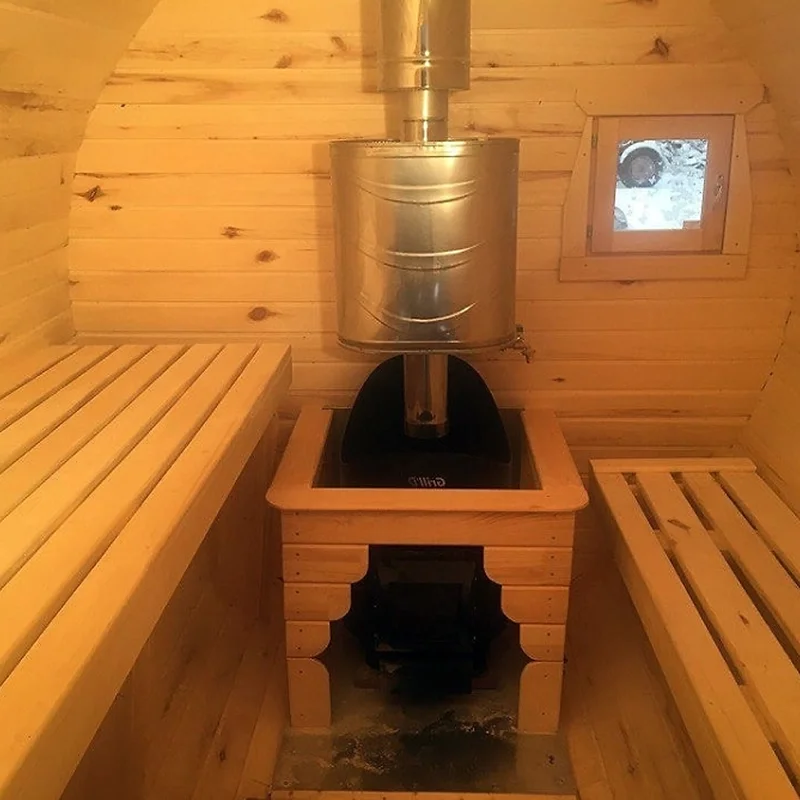 Outdoor red cedar 2-4 person backyard barrel sauna room with wood stove