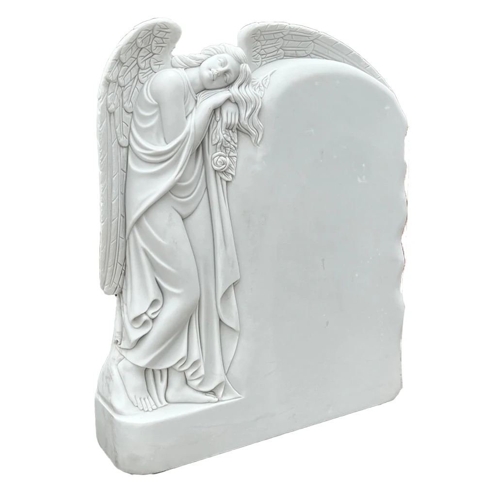 Customized Cemetery White Marble Hand Carved Angel Statue Tombstone For Sale